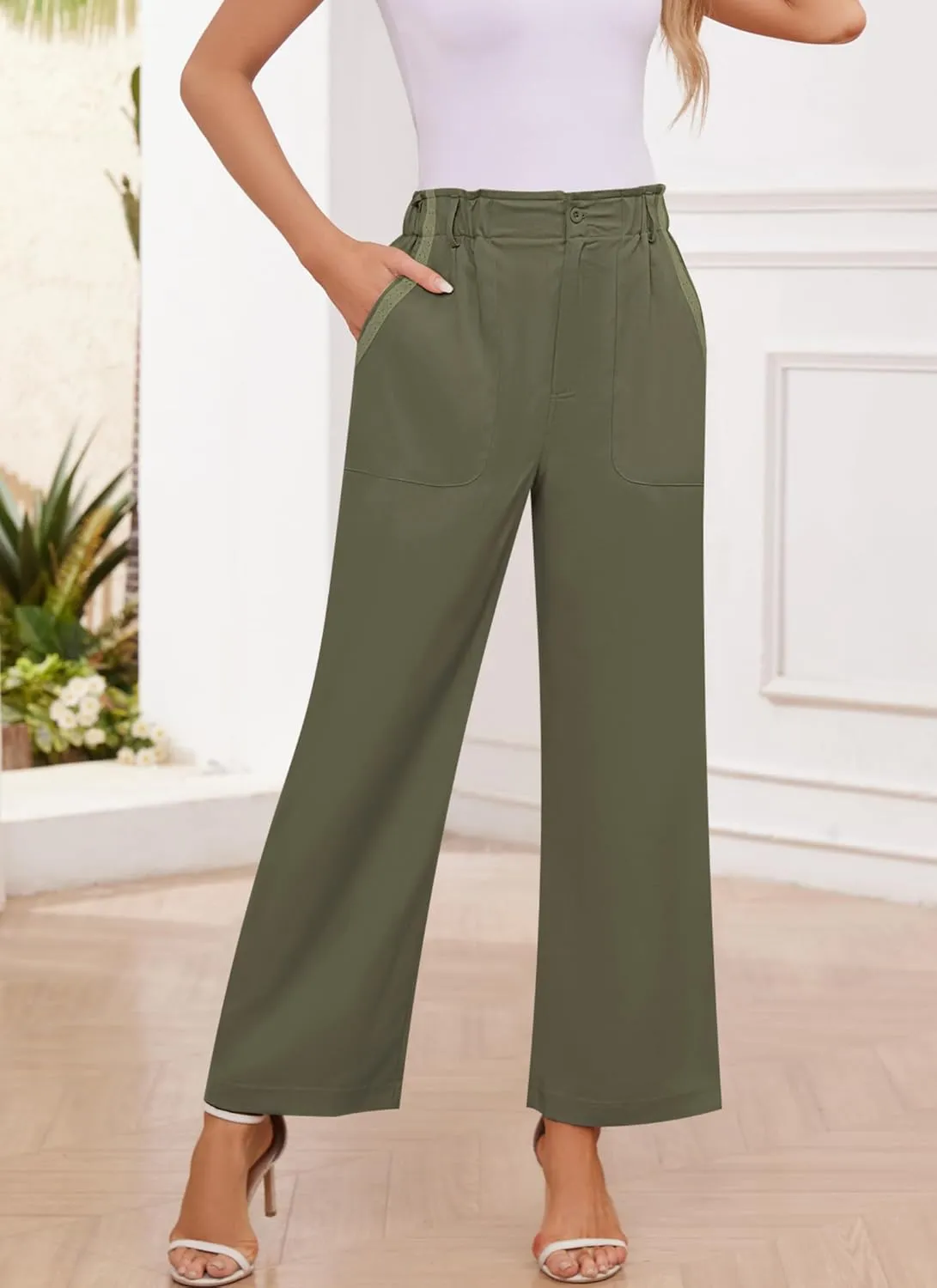 Womens Wide Leg Dress Pants Trousers High Waisted Buttoned Tailored Dressy Pants Casual Palazzo Straight Leg Pants