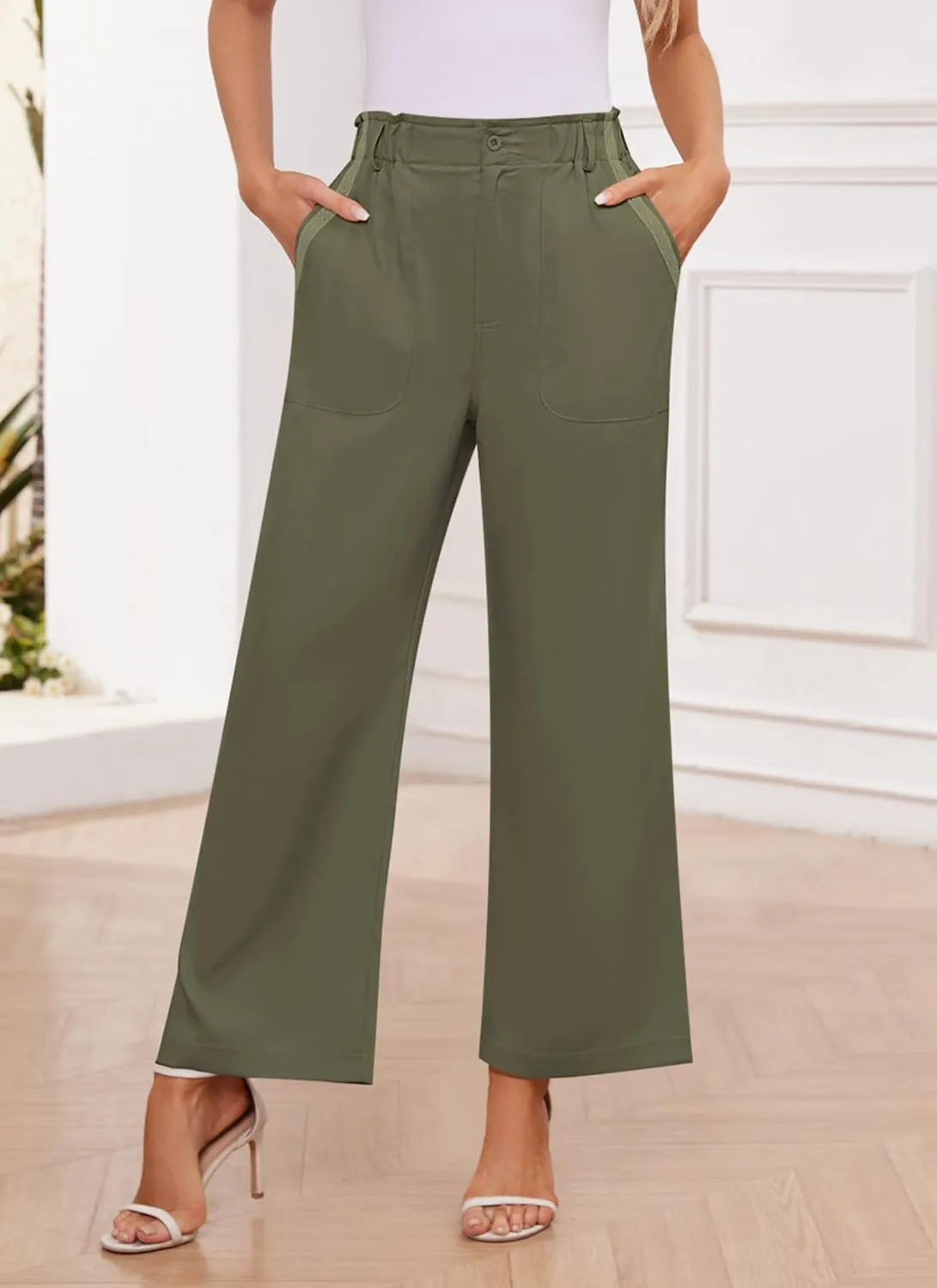 Womens Wide Leg Dress Pants Trousers High Waisted Buttoned Tailored Dressy Pants Casual Palazzo Straight Leg Pants