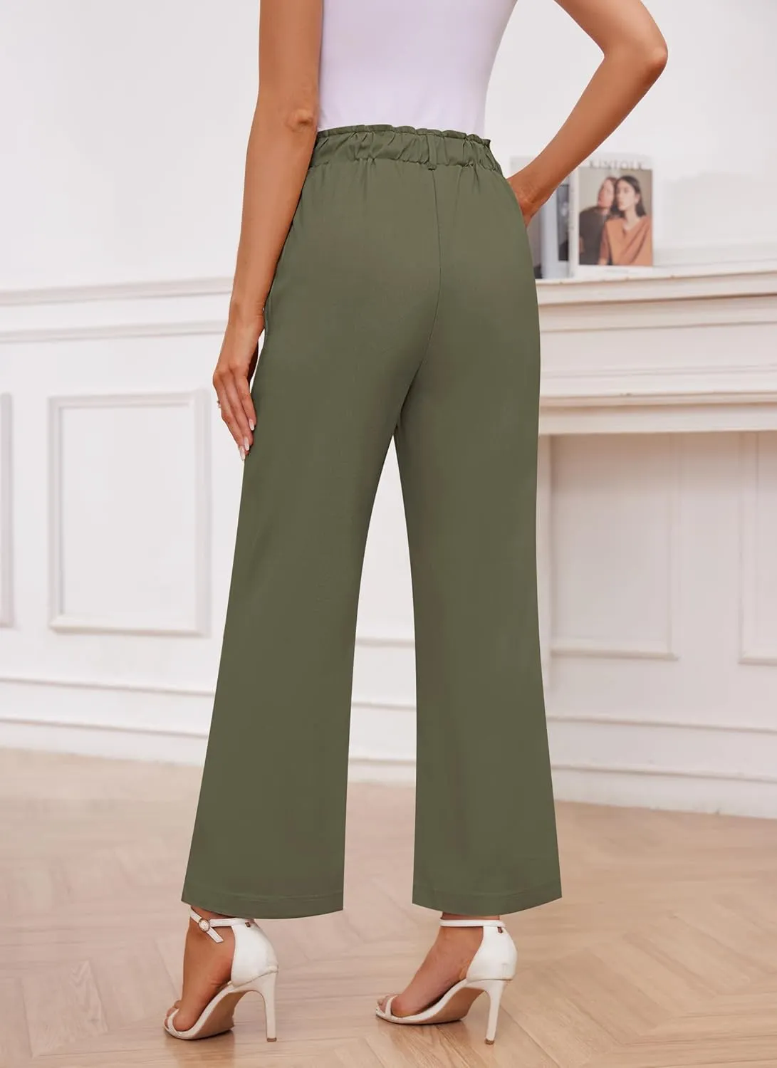 Womens Wide Leg Dress Pants Trousers High Waisted Buttoned Tailored Dressy Pants Casual Palazzo Straight Leg Pants