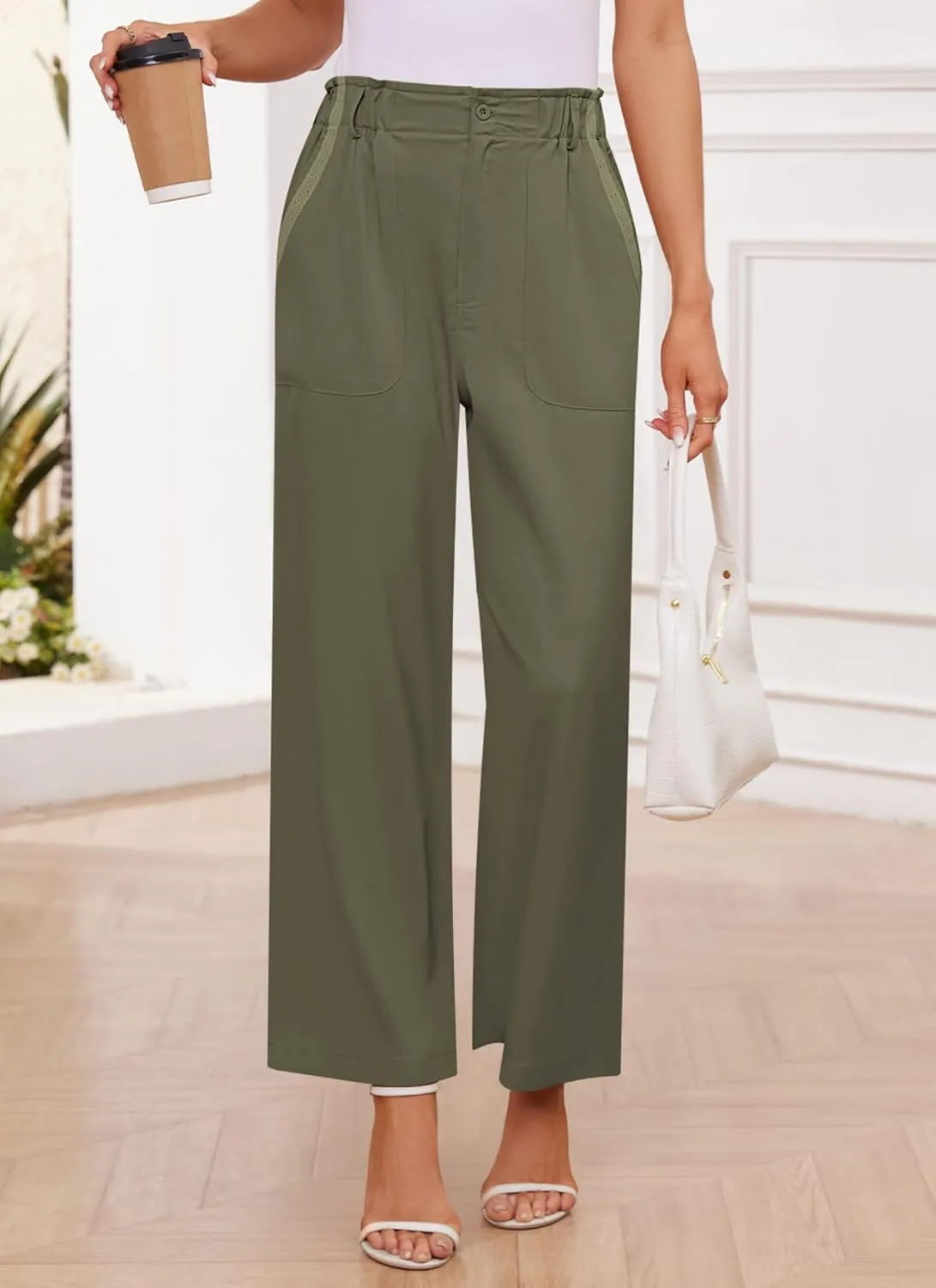 Womens Wide Leg Dress Pants Trousers High Waisted Buttoned Tailored Dressy Pants Casual Palazzo Straight Leg Pants