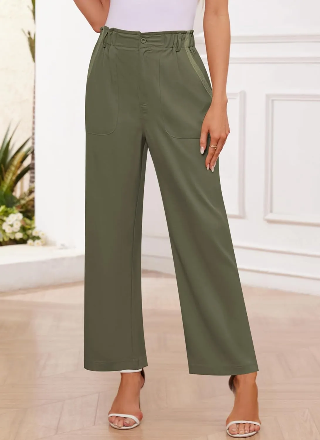 Womens Wide Leg Dress Pants Trousers High Waisted Buttoned Tailored Dressy Pants Casual Palazzo Straight Leg Pants