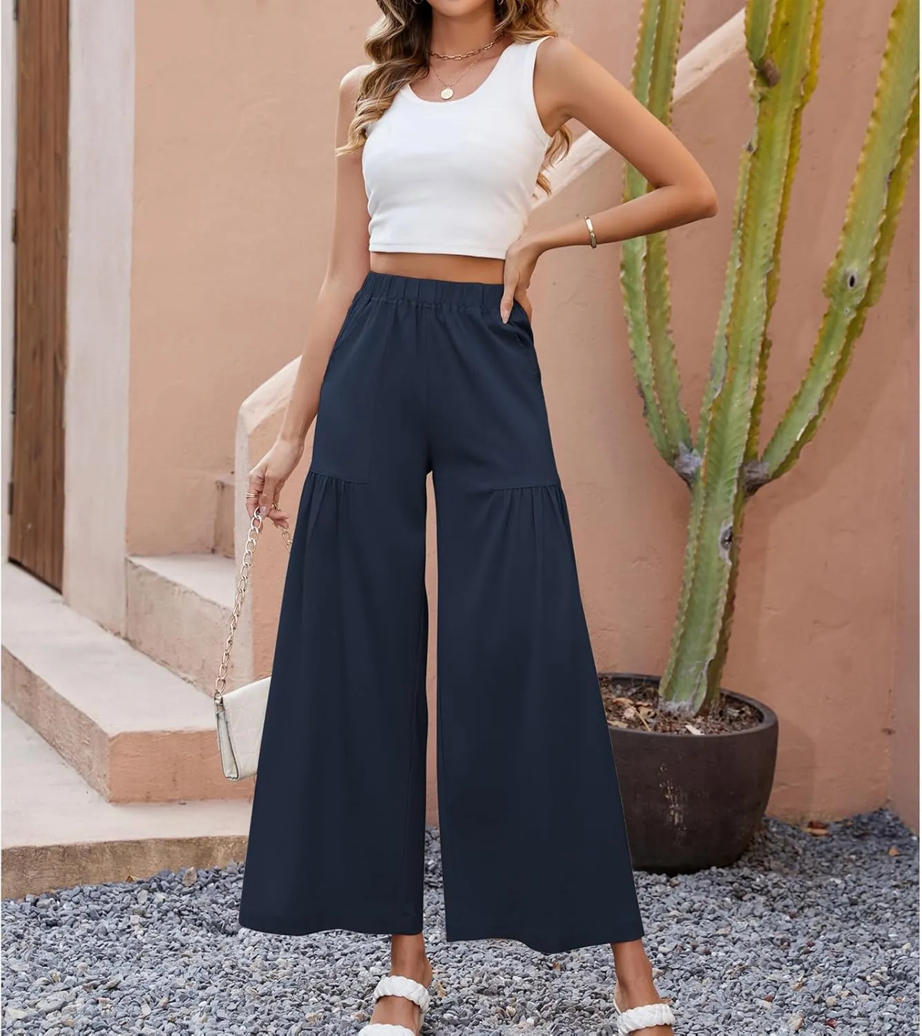 Womens Wide Leg Slacks Pants High Elastic Waist Casual Work Business Lounge with Side Pockets Pleated Trousers