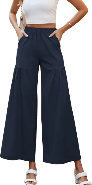 Womens Wide Leg Slacks Pants High Elastic Waist Casual Work Business Lounge with Side Pockets Pleated Trousers