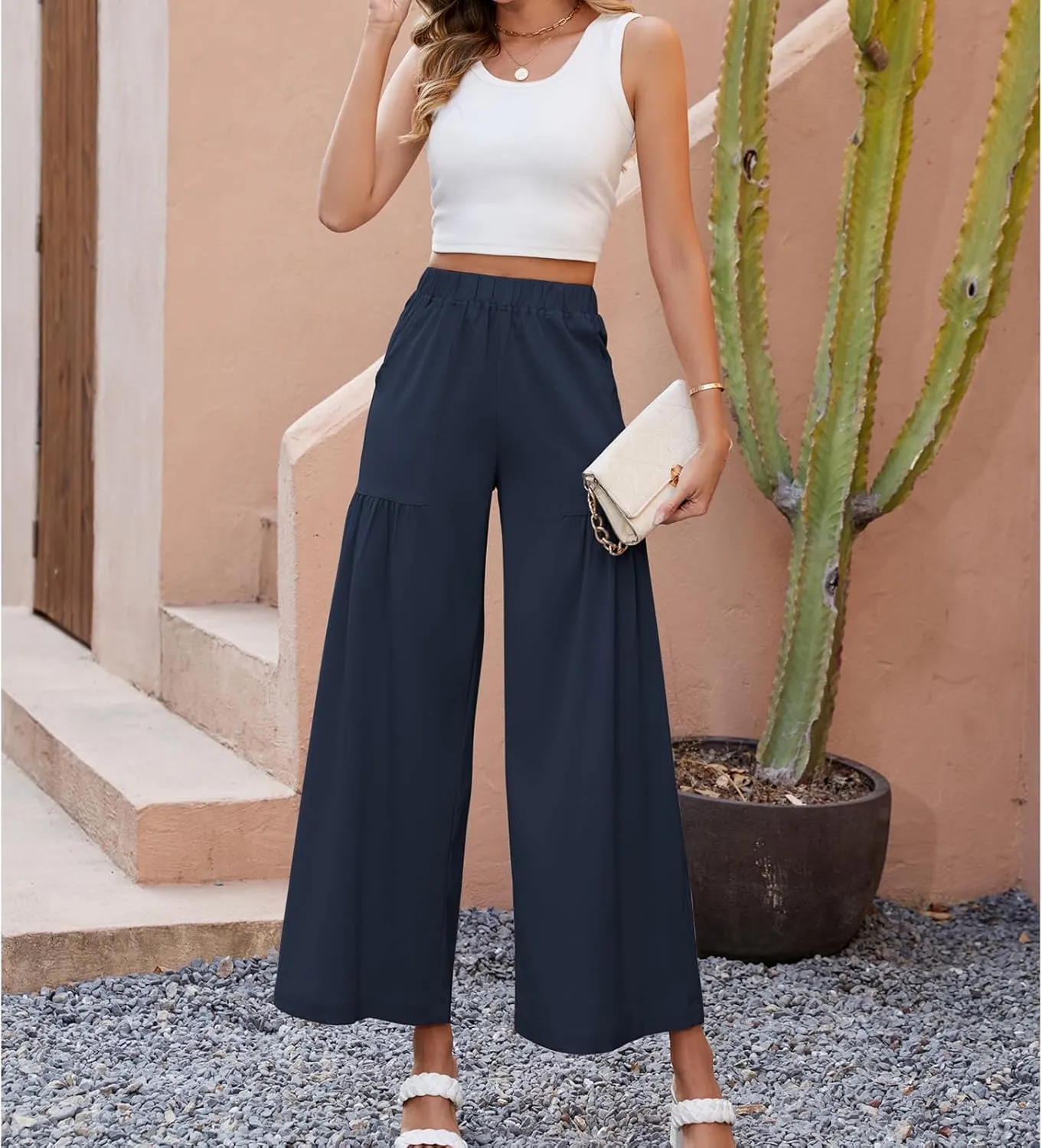 Womens Wide Leg Slacks Pants High Elastic Waist Casual Work Business Lounge with Side Pockets Pleated Trousers