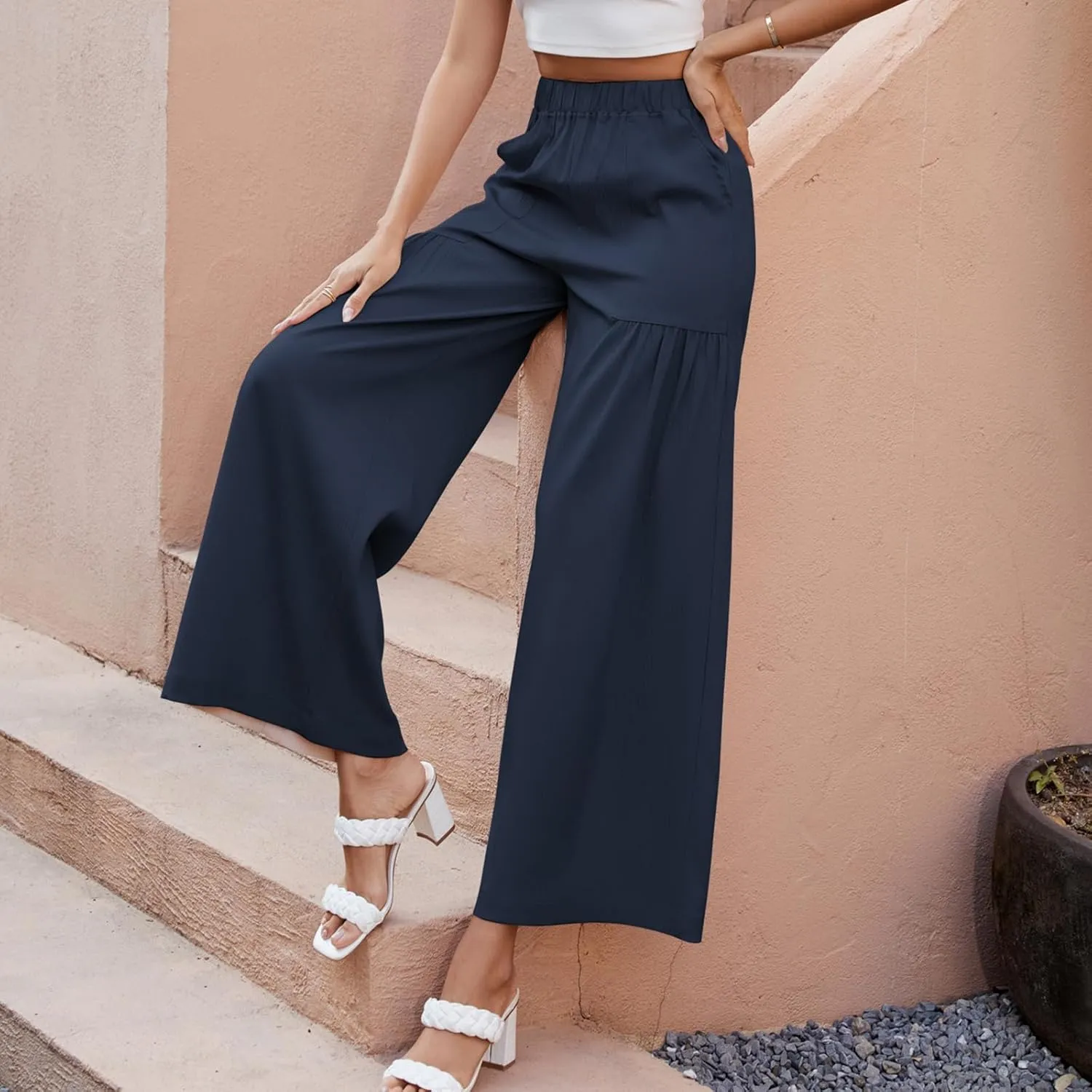 Womens Wide Leg Slacks Pants High Elastic Waist Casual Work Business Lounge with Side Pockets Pleated Trousers