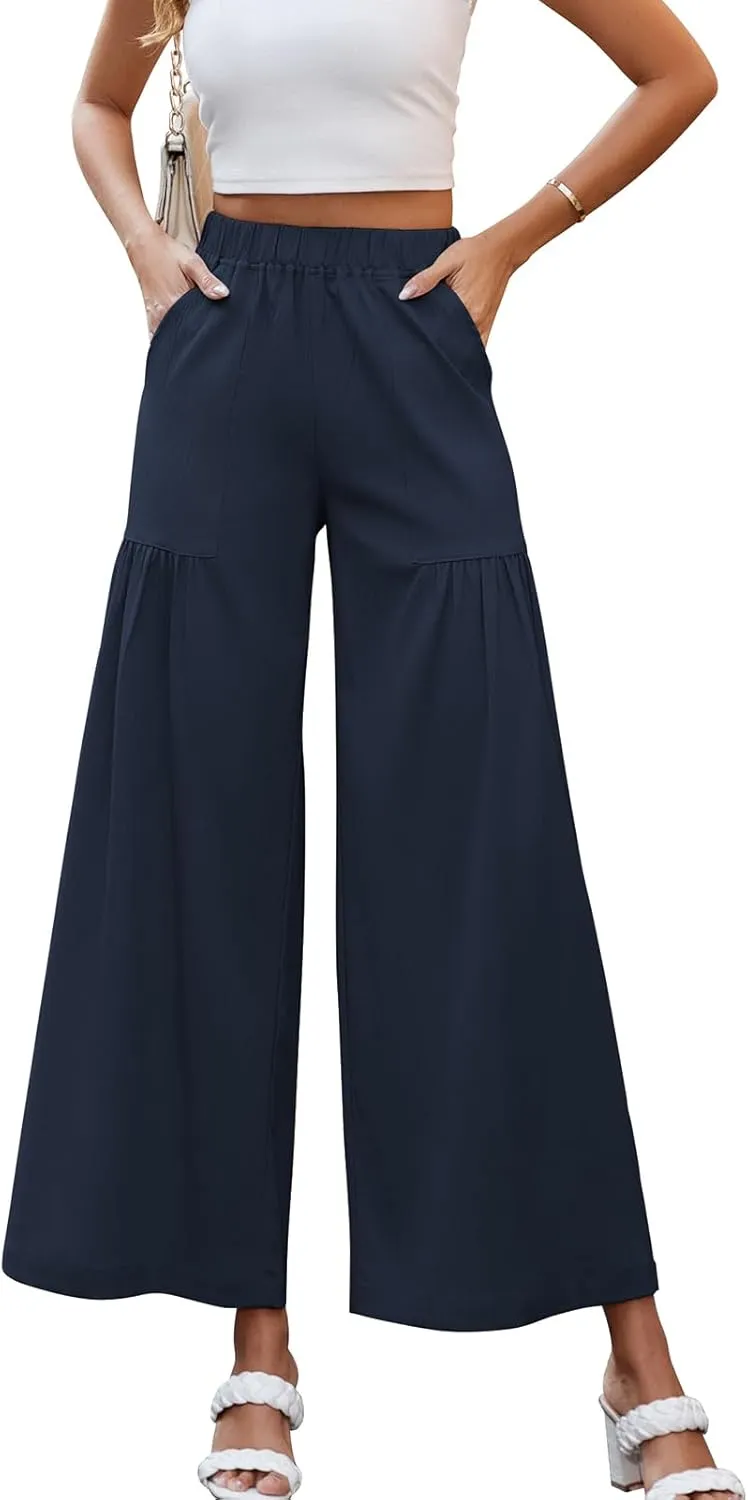 Womens Wide Leg Slacks Pants High Elastic Waist Casual Work Business Lounge with Side Pockets Pleated Trousers
