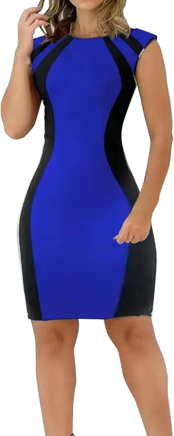 Womens Work Dress 2023 Casual Colorblock Crew Neck Sleeveless Back Zipper Slit Plus Size Prom Dresses with Sleeves