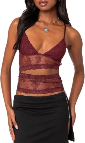 Womens Y2k Lace Cami Top See Through Spaghetti Strap Tank Top Sheer Mesh Camisole Going Out Streetwear