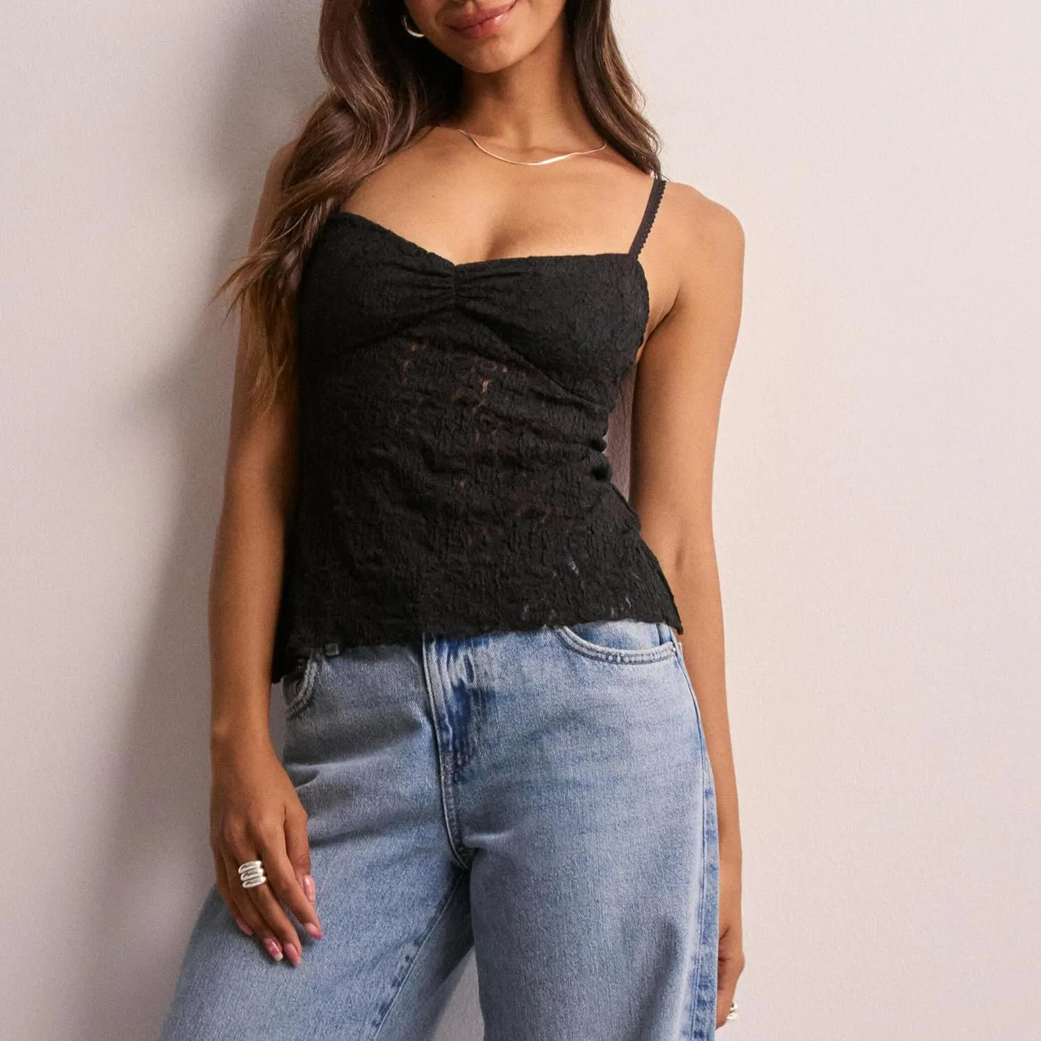 Womens Y2k Lace Cami Top See Through Spaghetti Strap Tank Top Sheer Mesh Camisole Going Out Streetwear