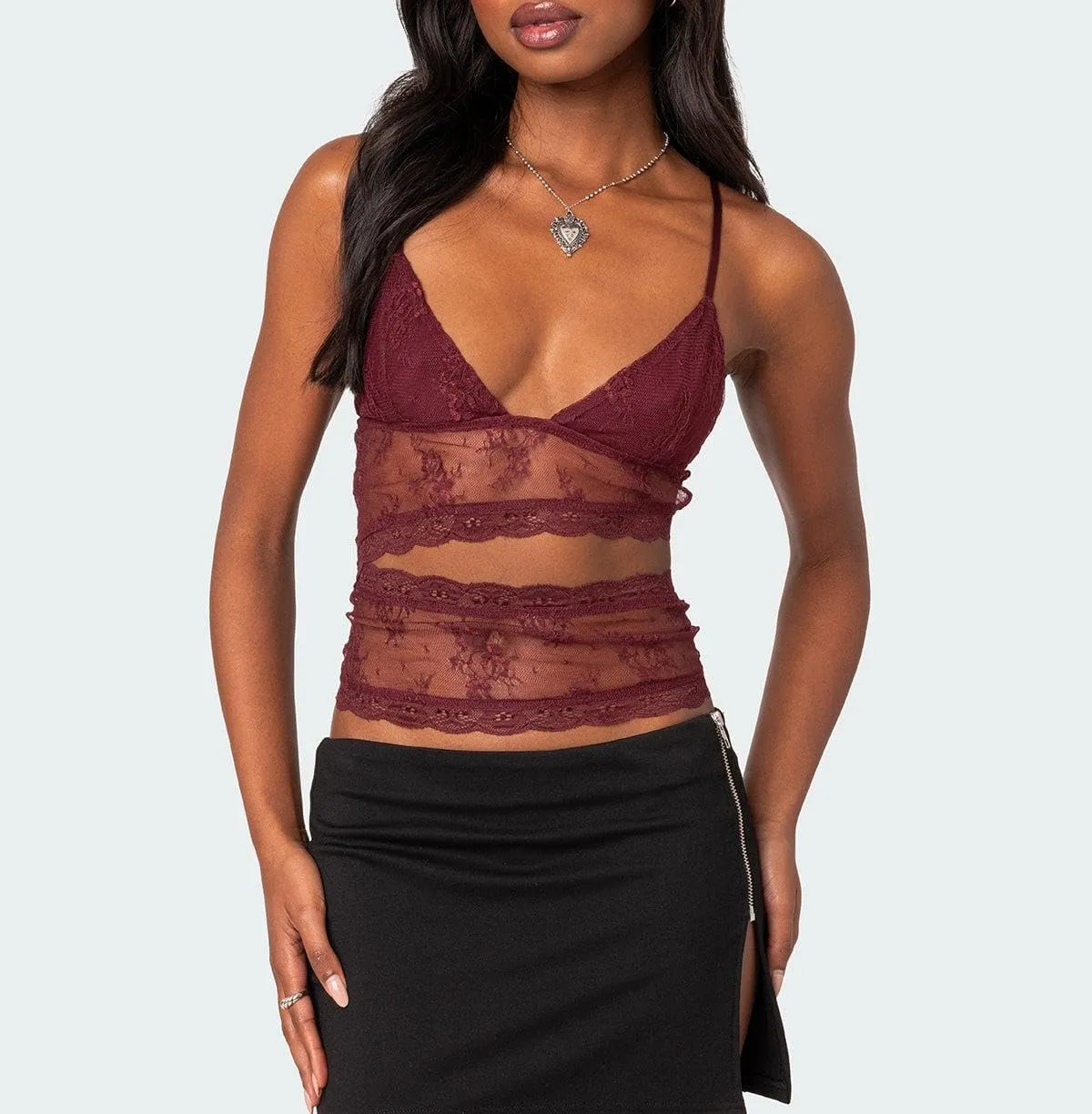 Womens Y2k Lace Cami Top See Through Spaghetti Strap Tank Top Sheer Mesh Camisole Going Out Streetwear