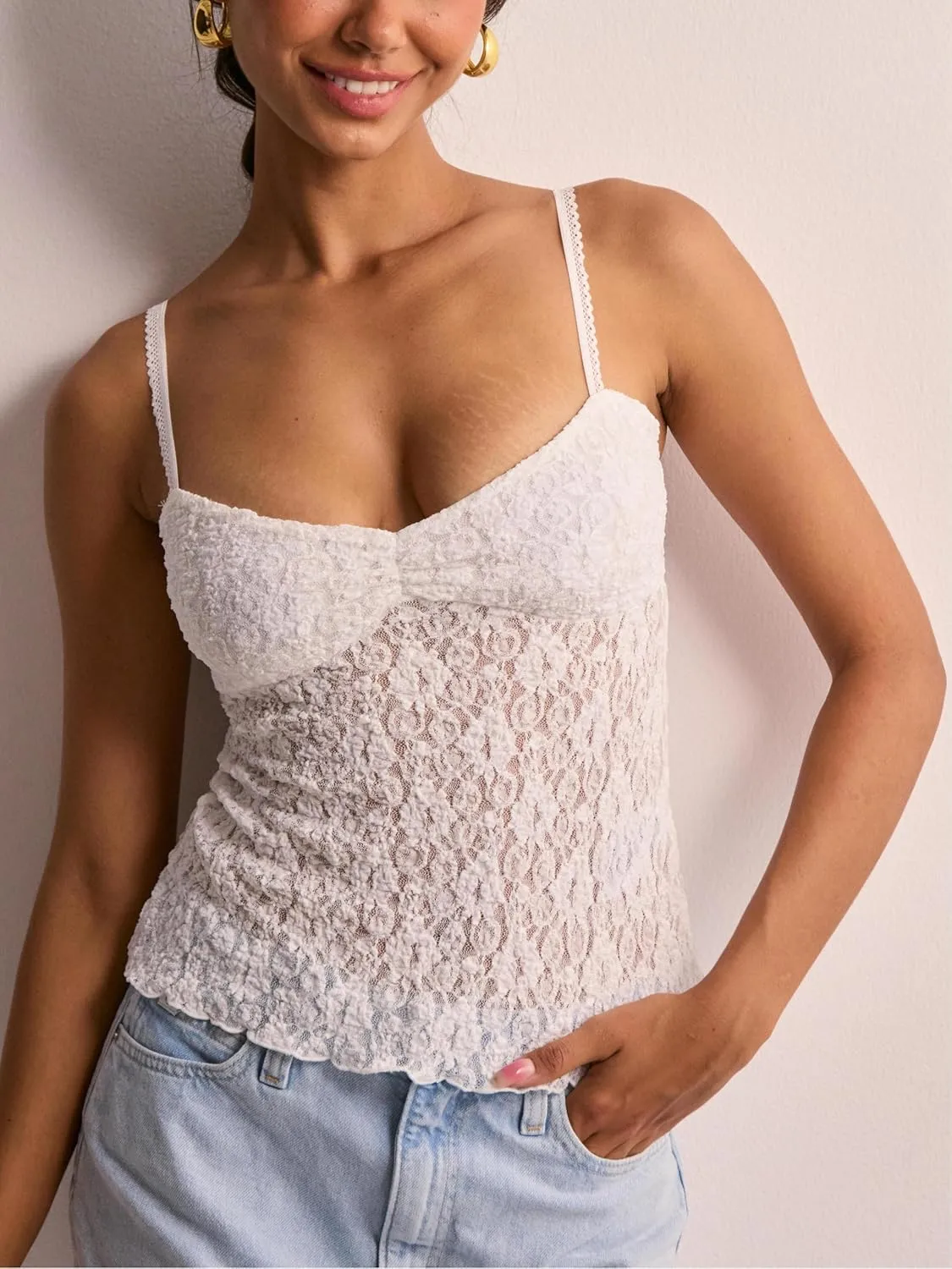 Womens Y2k Lace Cami Top See Through Spaghetti Strap Tank Top Sheer Mesh Camisole Going Out Streetwear