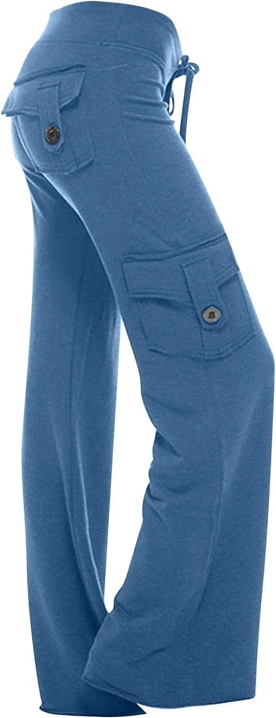 Women's Yoga Cargo Pants Drawstring High Waist Pants Baggy Wide Leg Pants Lightweight Hiking Pants Casual Lounge Pants