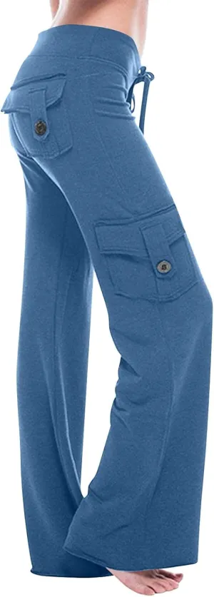 Women's Yoga Cargo Pants Drawstring High Waist Pants Baggy Wide Leg Pants Lightweight Hiking Pants Casual Lounge Pants