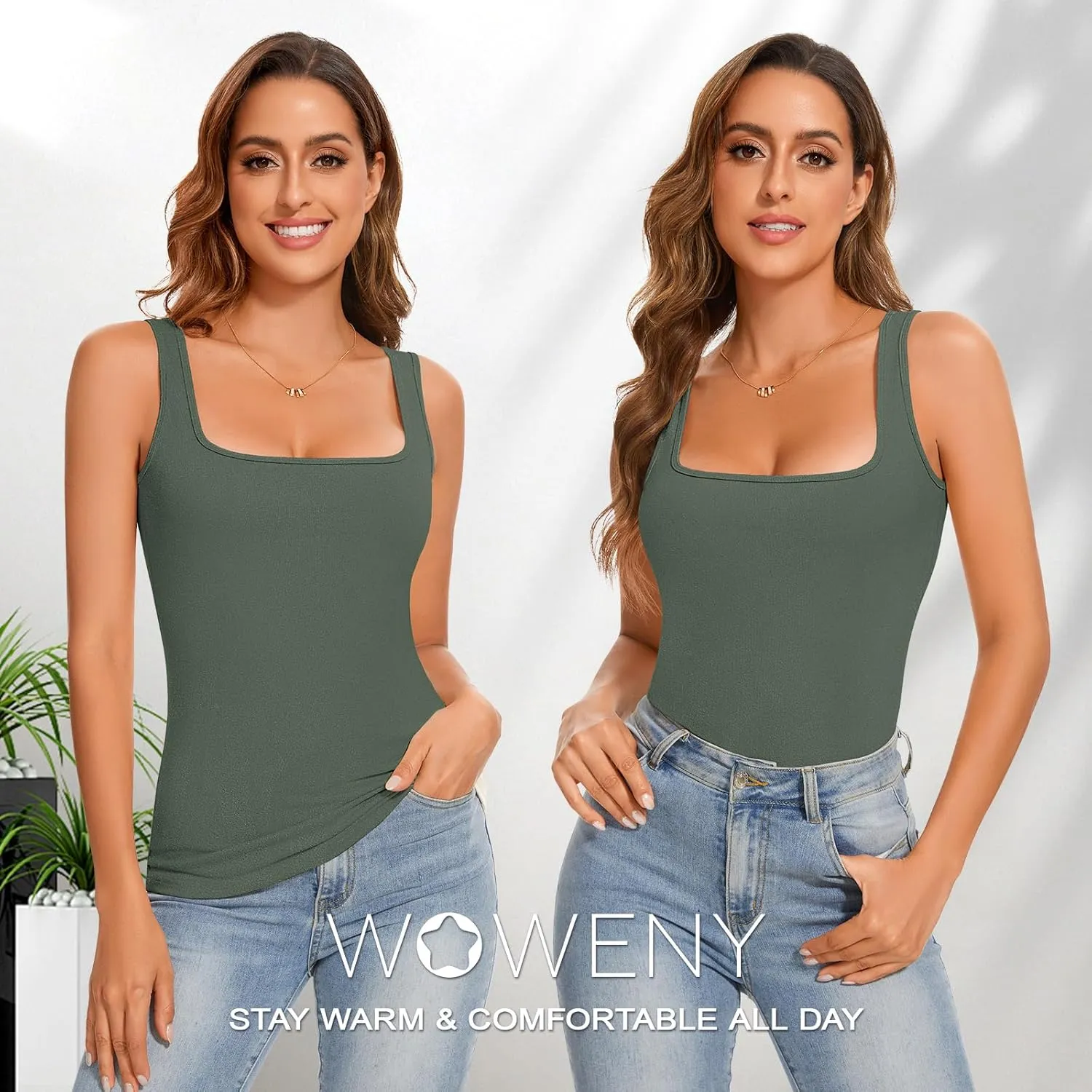 WOWENY Women Sleeveless Thermal Tank Top Fleece Lined Underwear Top Warm Camisole Square Neck Winter Base Layer