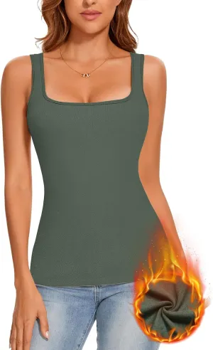 WOWENY Women Sleeveless Thermal Tank Top Fleece Lined Underwear Top Warm Camisole Square Neck Winter Base Layer