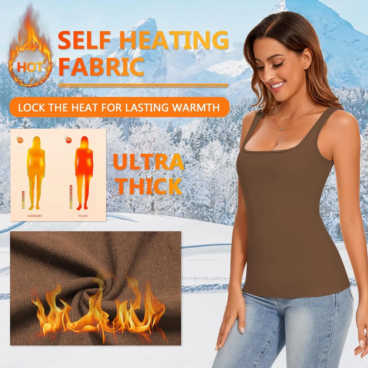 WOWENY Women Sleeveless Thermal Tank Top Fleece Lined Underwear Top Warm Camisole Square Neck Winter Base Layer