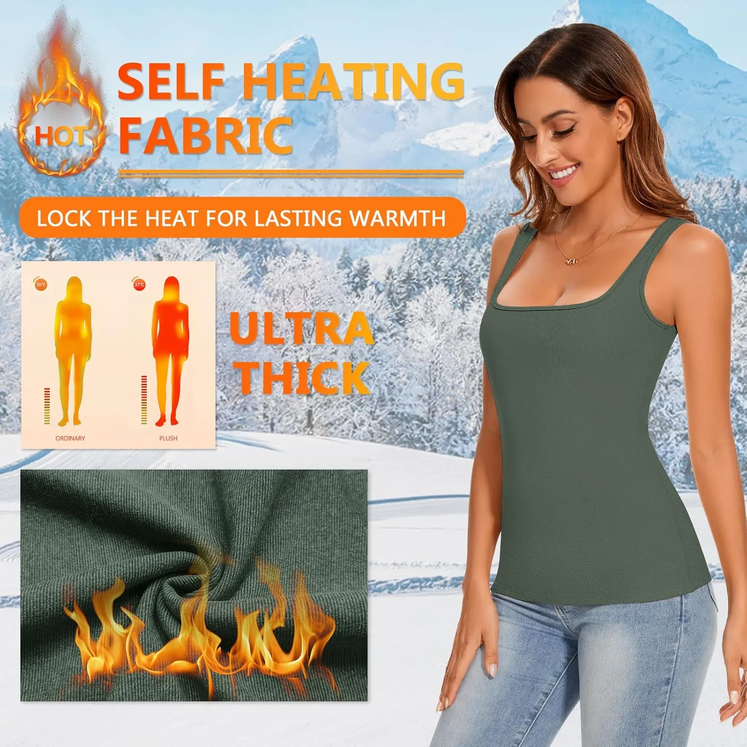 WOWENY Women Sleeveless Thermal Tank Top Fleece Lined Underwear Top Warm Camisole Square Neck Winter Base Layer