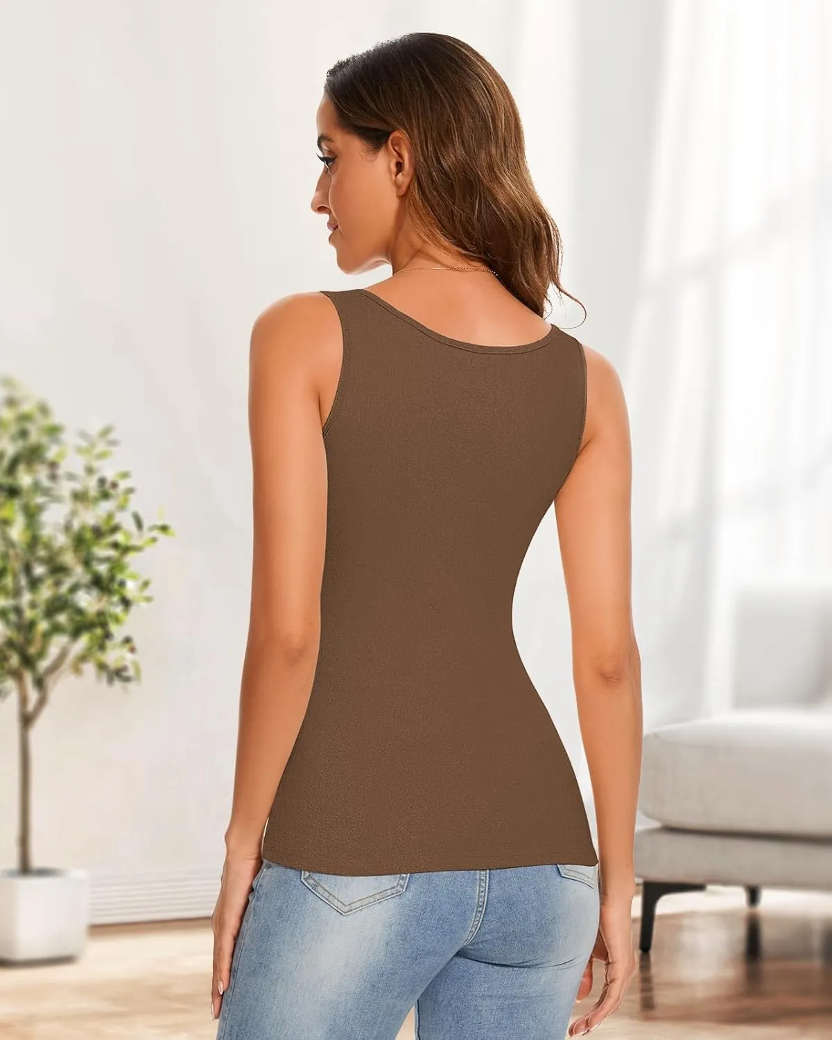 WOWENY Women Sleeveless Thermal Tank Top Fleece Lined Underwear Top Warm Camisole Square Neck Winter Base Layer