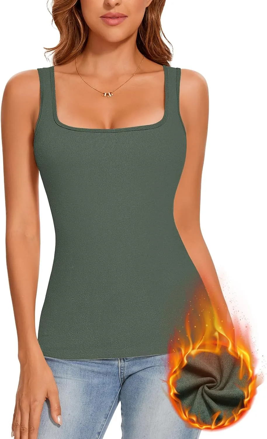 WOWENY Women Sleeveless Thermal Tank Top Fleece Lined Underwear Top Warm Camisole Square Neck Winter Base Layer