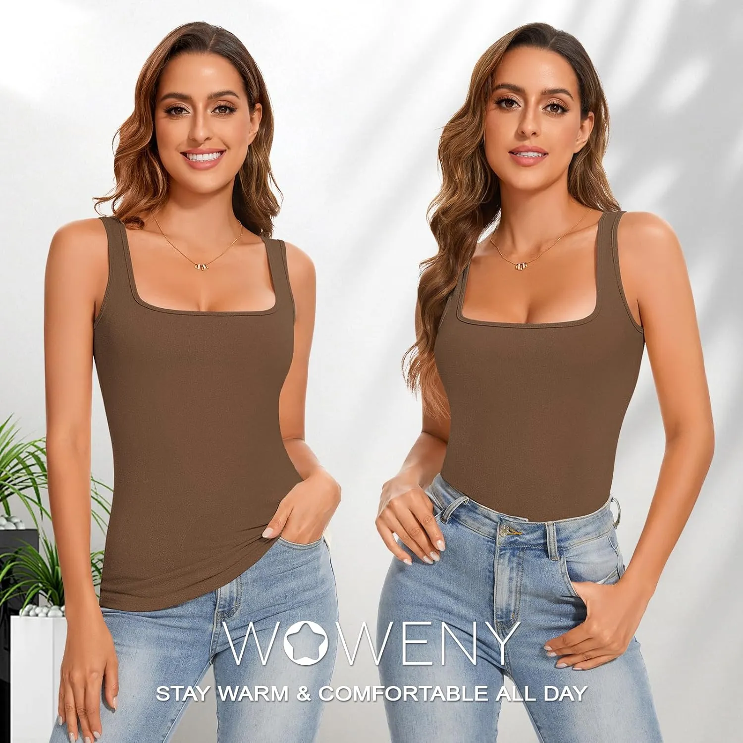 WOWENY Women Sleeveless Thermal Tank Top Fleece Lined Underwear Top Warm Camisole Square Neck Winter Base Layer