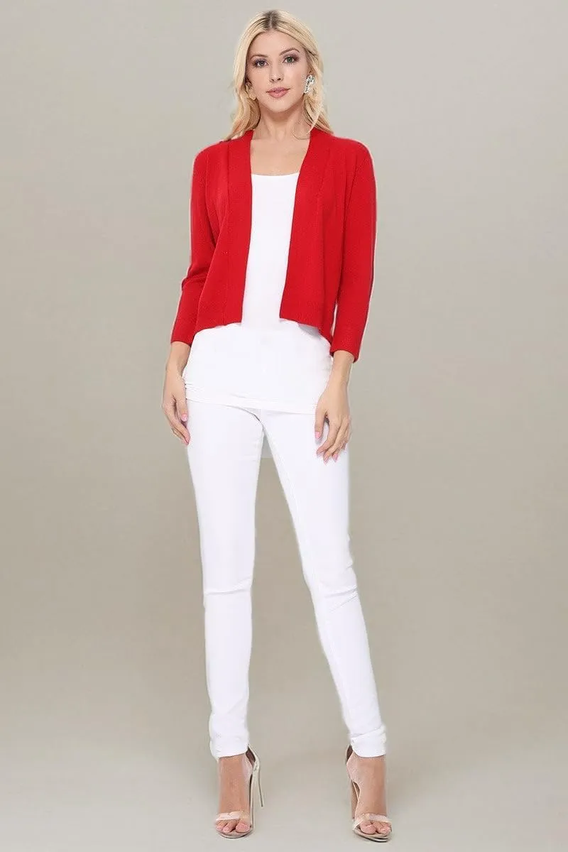 YEMAK Women's Crop Cardigan Sweater  3/4 Sleeve Open Front Classic Basic Knit Bolero Cropped Soft Lightweight Knitted Top
