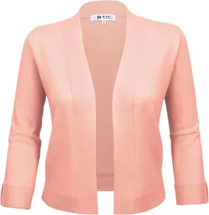 YEMAK Women's Crop Cardigan Sweater  3/4 Sleeve Open Front Classic Basic Knit Bolero Cropped Soft Lightweight Knitted Top