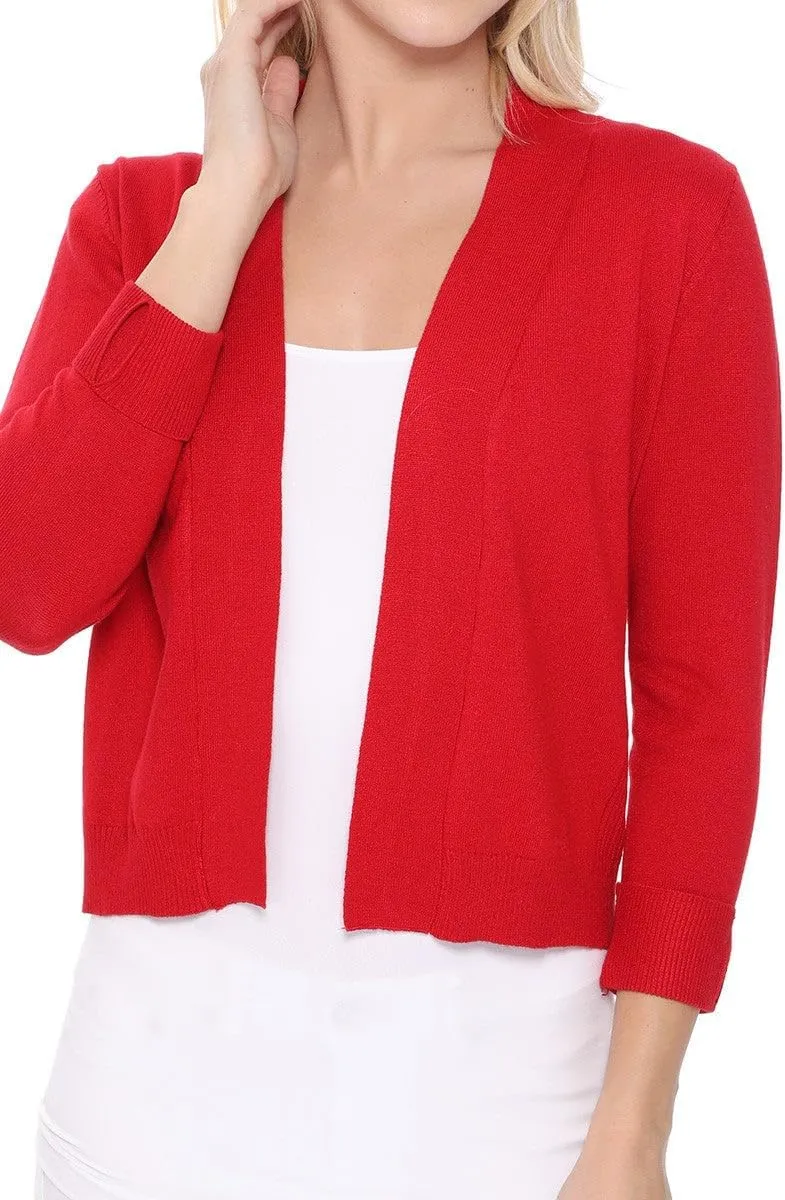 YEMAK Women's Crop Cardigan Sweater  3/4 Sleeve Open Front Classic Basic Knit Bolero Cropped Soft Lightweight Knitted Top