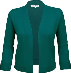YEMAK Women's Crop Cardigan Sweater  3/4 Sleeve Open Front Classic Basic Knit Bolero Cropped Soft Lightweight Knitted Top