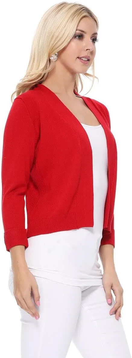 YEMAK Women's Crop Cardigan Sweater  3/4 Sleeve Open Front Classic Basic Knit Bolero Cropped Soft Lightweight Knitted Top