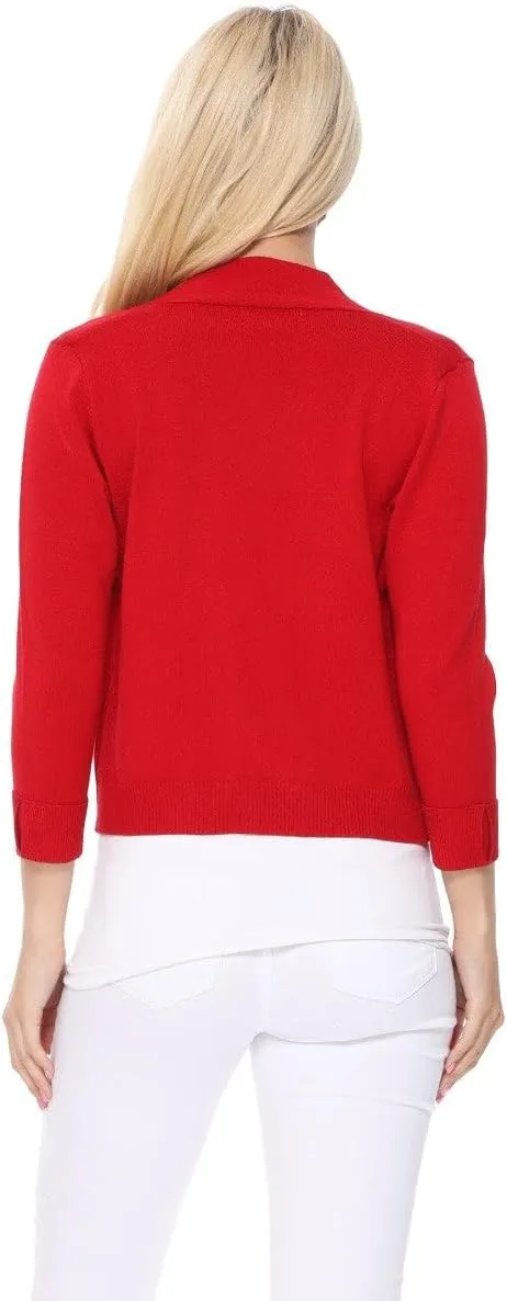 YEMAK Women's Crop Cardigan Sweater  3/4 Sleeve Open Front Classic Basic Knit Bolero Cropped Soft Lightweight Knitted Top