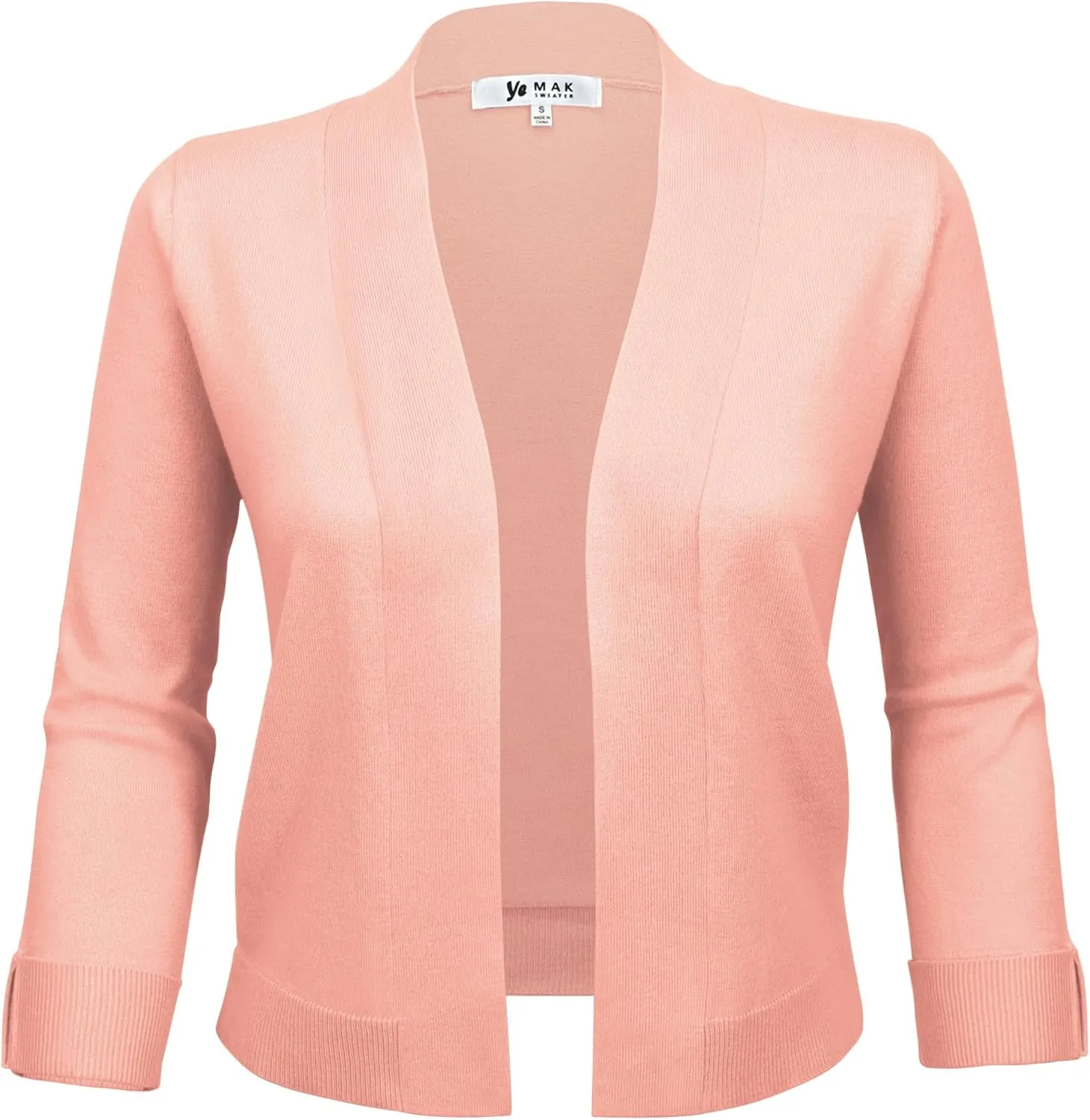 YEMAK Women's Crop Cardigan Sweater  3/4 Sleeve Open Front Classic Basic Knit Bolero Cropped Soft Lightweight Knitted Top