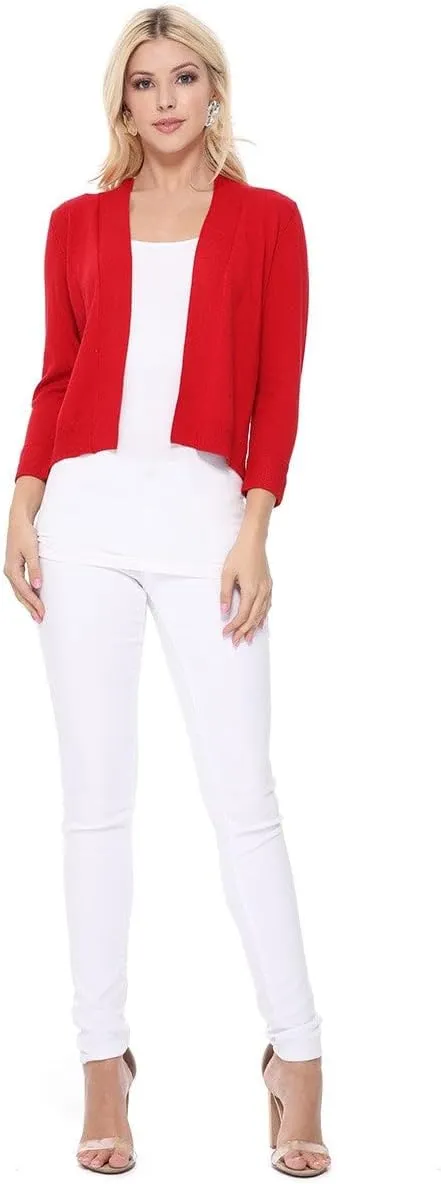 YEMAK Women's Crop Cardigan Sweater  3/4 Sleeve Open Front Classic Basic Knit Bolero Cropped Soft Lightweight Knitted Top