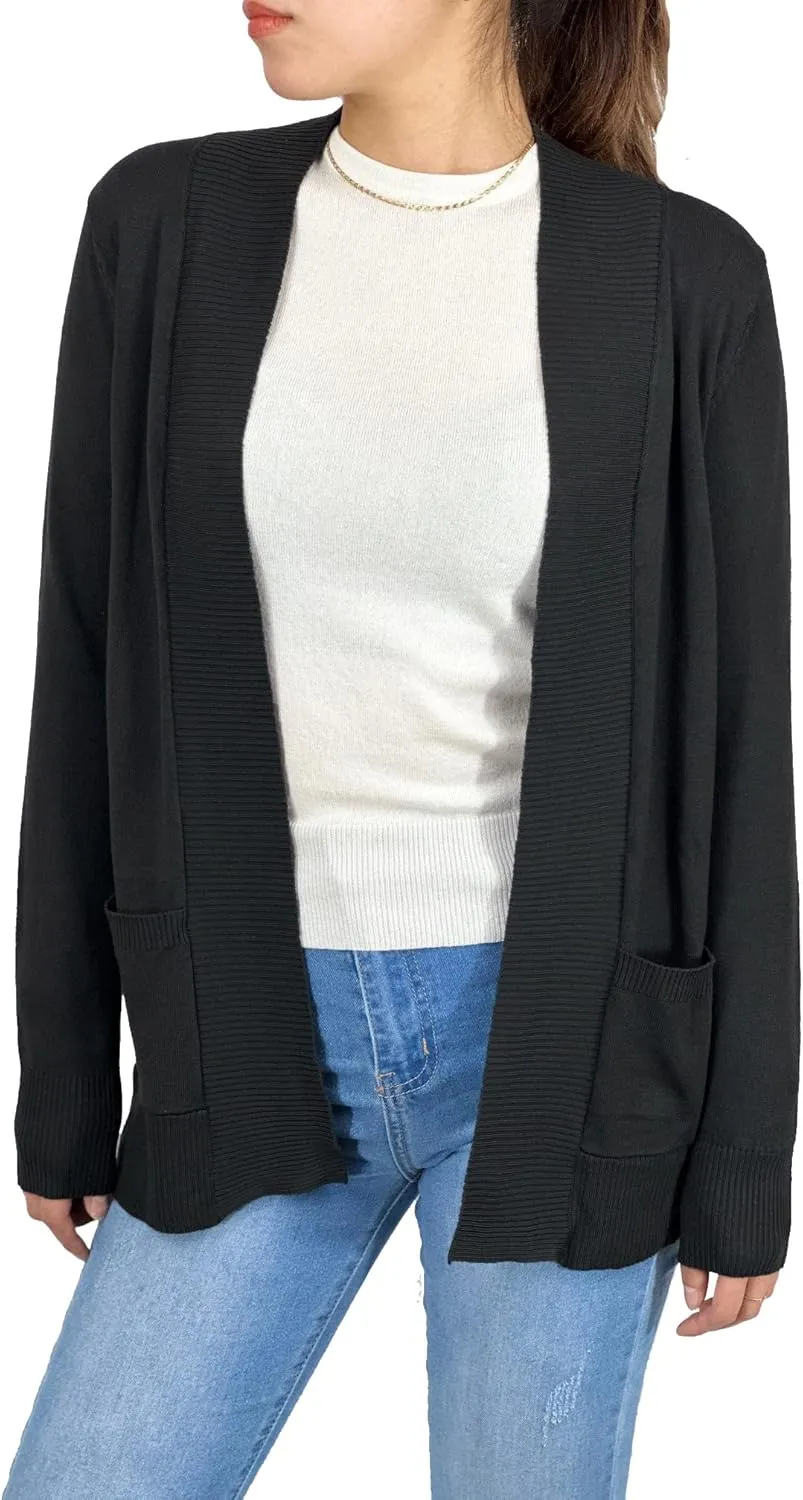 YEMAK Women's Knit Cardigan Sweater  Long Sleeve Open Front Basic Classic Casual Soft Lightweight Knitted Shrug with Pocket
