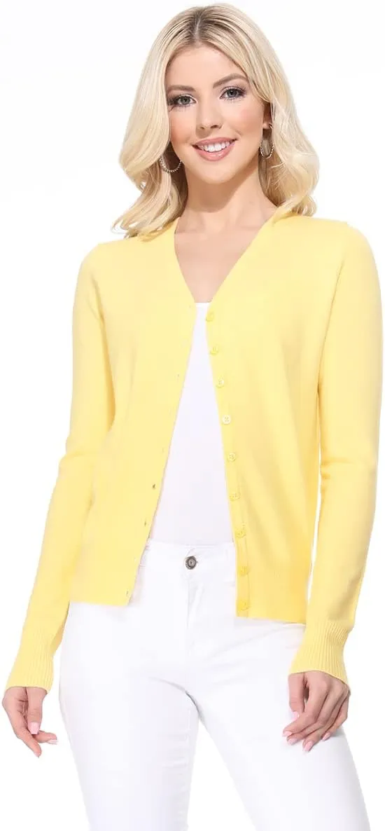 YEMAK Women's Knit Cardigan Sweater  Long Sleeve V-Neck Basic Classic Casual Button Down Knitted Soft Lightweight Top
