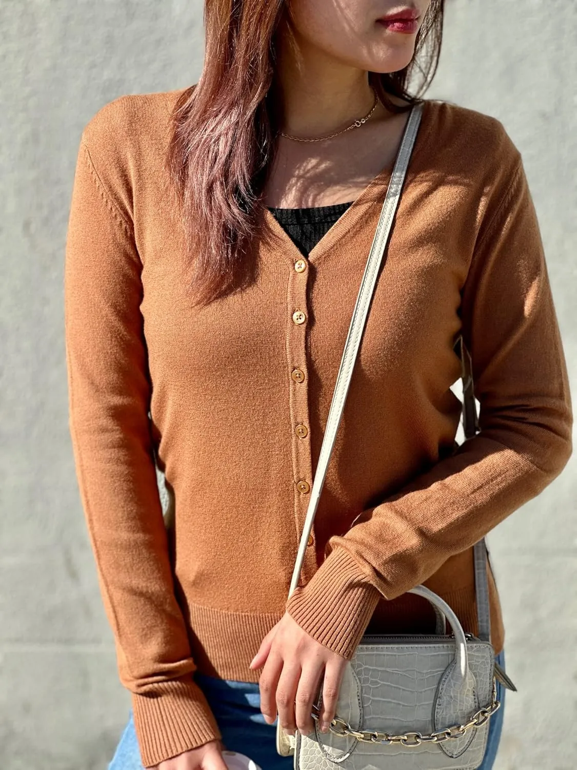 YEMAK Women's Knit Cardigan Sweater  Long Sleeve V-Neck Basic Classic Casual Button Down Knitted Soft Lightweight Top