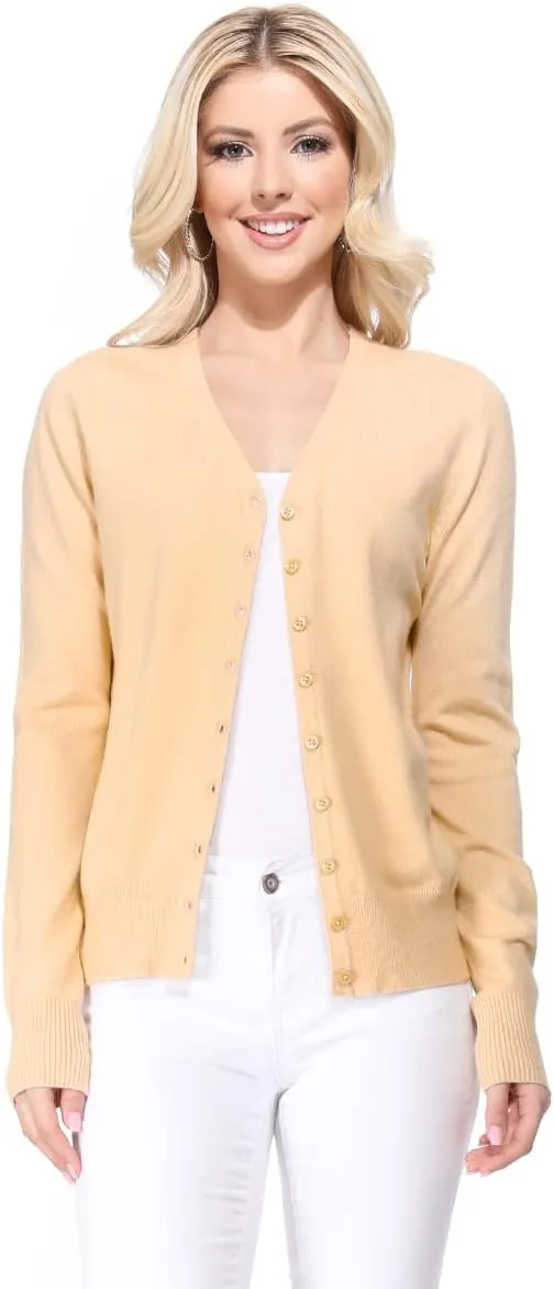 YEMAK Women's Knit Cardigan Sweater  Long Sleeve V-Neck Basic Classic Casual Button Down Knitted Soft Lightweight Top