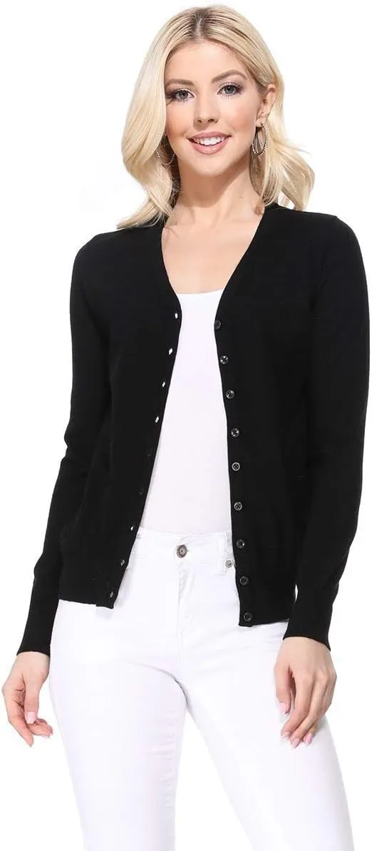 YEMAK Women's Knit Cardigan Sweater  Long Sleeve V-Neck Basic Classic Casual Button Down Knitted Soft Lightweight Top
