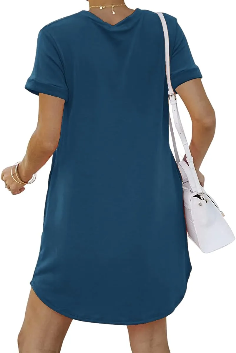 YEXIPO Women's Casual Summer Short Sleeve T Shirt Dress Nightgown Crew Neck Loose Solid Color Basic Dresses with Pockets