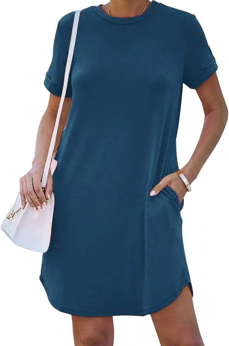 YEXIPO Women's Casual Summer Short Sleeve T Shirt Dress Nightgown Crew Neck Loose Solid Color Basic Dresses with Pockets