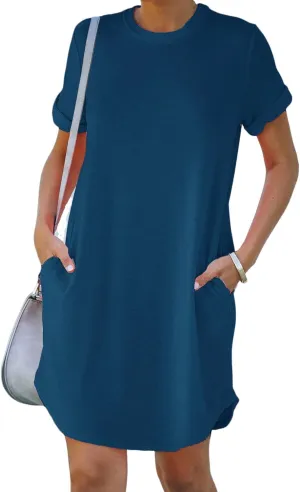 YEXIPO Women's Casual Summer Short Sleeve T Shirt Dress Nightgown Crew Neck Loose Solid Color Basic Dresses with Pockets