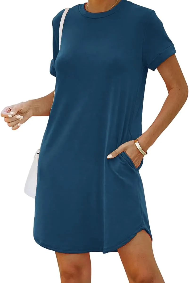 YEXIPO Women's Casual Summer Short Sleeve T Shirt Dress Nightgown Crew Neck Loose Solid Color Basic Dresses with Pockets