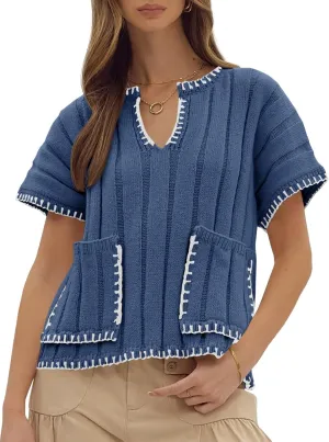 Yousify Womens 2025 Cap Sleeve Sweater Tops Color Constrast Textured Lightweight Pullover Sweaters Summer Clothes