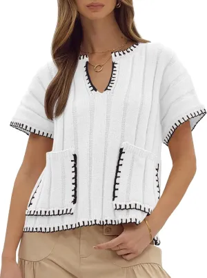 Yousify Womens 2025 Cap Sleeve Sweater Tops Color Constrast Textured Lightweight Pullover Sweaters Summer Clothes