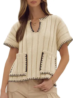 Yousify Womens 2025 Cap Sleeve Sweater Tops Color Constrast Textured Lightweight Pullover Sweaters Summer Clothes