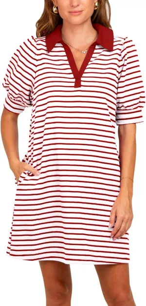 Yousify Women's Summer Lapel Collared V Neck Striped Dress Casual Puff Short Sleeve Polo Tshirt Dresses with Pockets
