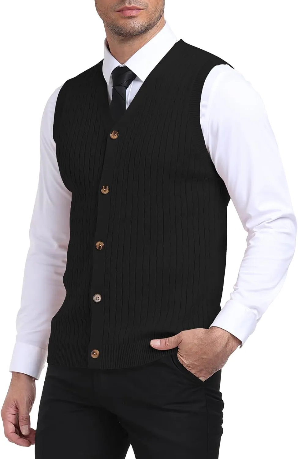 YTD Men's Sleeveless Sweater Vest V-Neck Casual Cable Knit Button Down Cardigan Vest