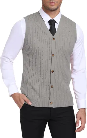 YTD Men's Sleeveless Sweater Vest V-Neck Casual Cable Knit Button Down Cardigan Vest