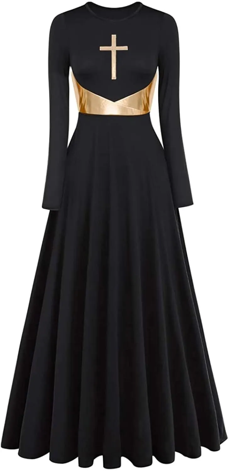Z&X Praise Dance Modern Worship Liturgical Long Dresses for Women Metallic Color Block Church Robe Lyrical Dancewear