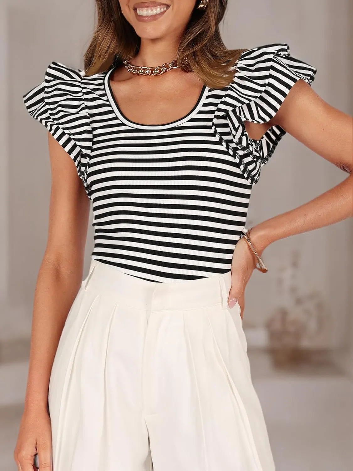 ZESICA Women's Ruffle Short Sleeve Striped T Shirts Summer Scoop Neck Slim Fitted Causal Basic Tee Tops