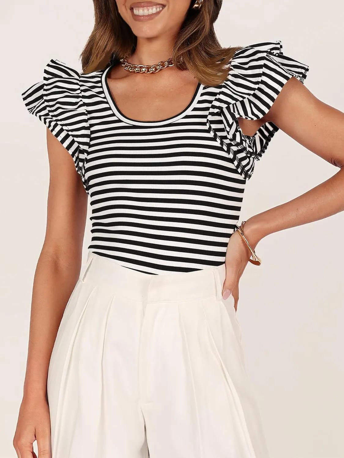 ZESICA Women's Ruffle Short Sleeve Striped T Shirts Summer Scoop Neck Slim Fitted Causal Basic Tee Tops
